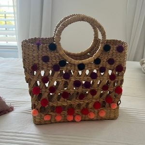 Raffia Mini Tote With Pom Poms